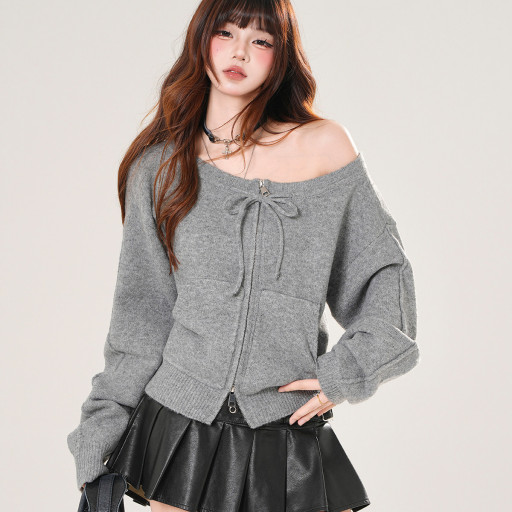 佩裡斯香肩 韓系露肩針織開衫毛衣外套女秋冬寬松上衣
