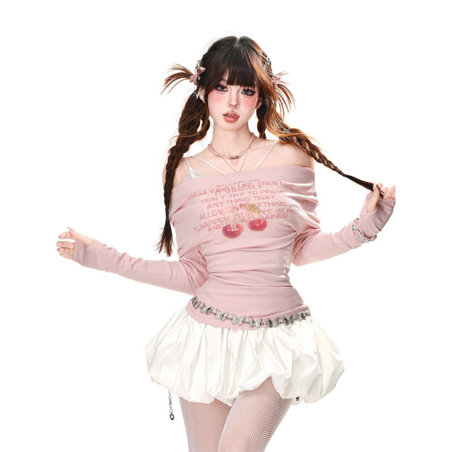 春日調色盤 一字肩長袖收腰辣妹T恤春夏修身顯瘦上衣