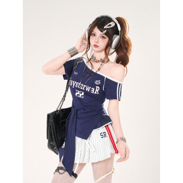 藍嶼日志 正肩美式斜肩短袖T恤女夏季收腰顯瘦辣妹上衣