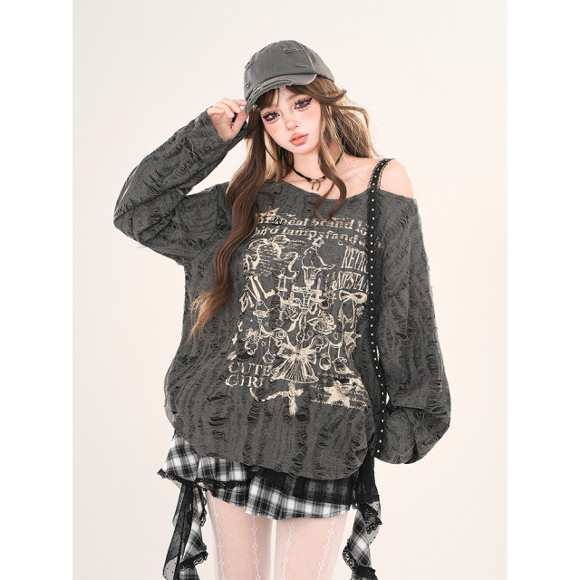 港島小調 韓系慵懶風蕾絲斜肩針織衫春夏寬松破洞上衣