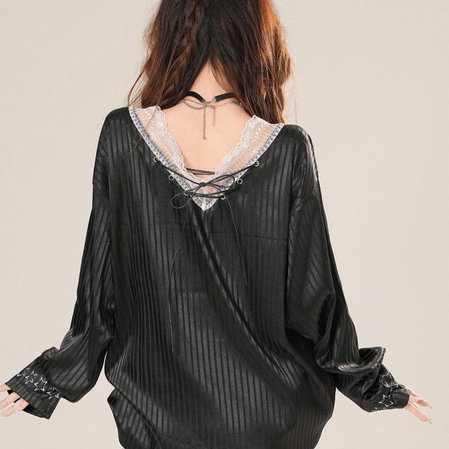 英倫軼事 美式V領蕾絲條紋衛衣女夏季寬松顯瘦運動上衣