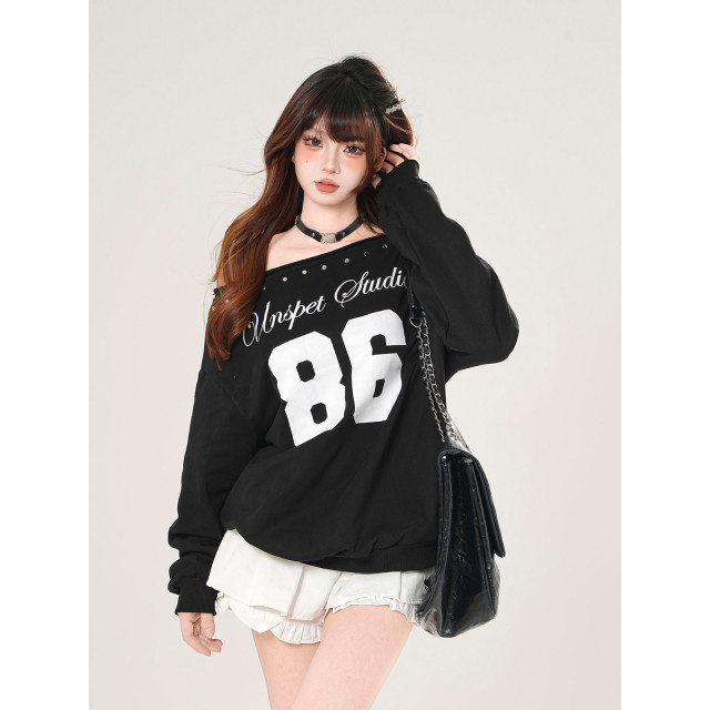 塞納日落 美式潮牌斜肩衛衣女秋寬松顯瘦黑色運動上衣