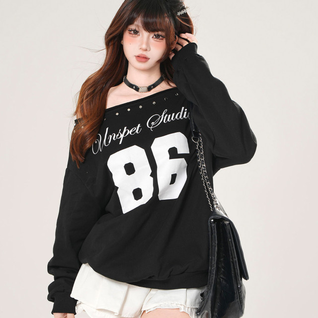 塞納日落 美式潮牌斜肩衛衣女秋寬松顯瘦黑色運動上衣