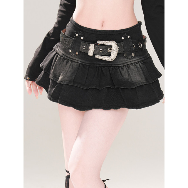 腿精punk 美式辣妹牛仔半身裙女夏季a字顯瘦百褶裙短裙