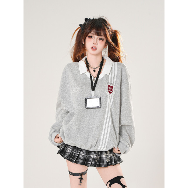 韓女范本 美式學院風衛衣女秋寬松顯瘦polo領運動上衣