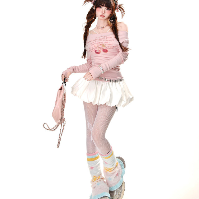 春日調色盤 一字肩長袖收腰辣妹T恤春夏修身顯瘦上衣