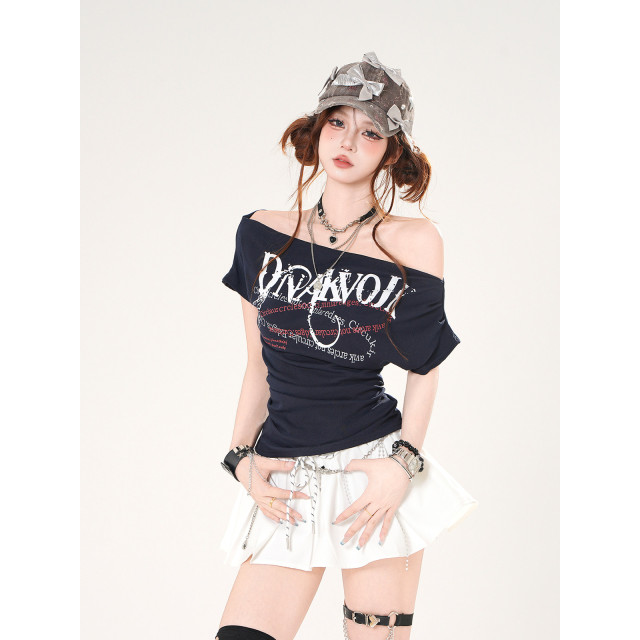 街機玩傢 一字肩美式辣妹短袖T恤女夏季收腰顯瘦上衣