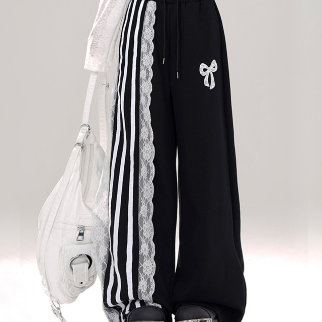 運動芭蕾 松弛感蕾絲黑色休閑褲女夏闊腿褲直筒條紋褲