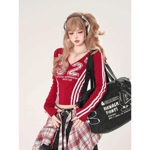 辣妹領域 美式正肩長袖T恤女秋季收腰顯瘦V領紅色上衣