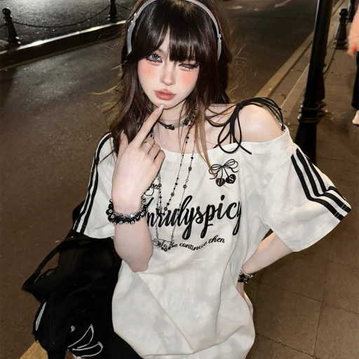 德魯納戀曲 韓系露肩短袖T恤女寬松半袖顯瘦白色上衣