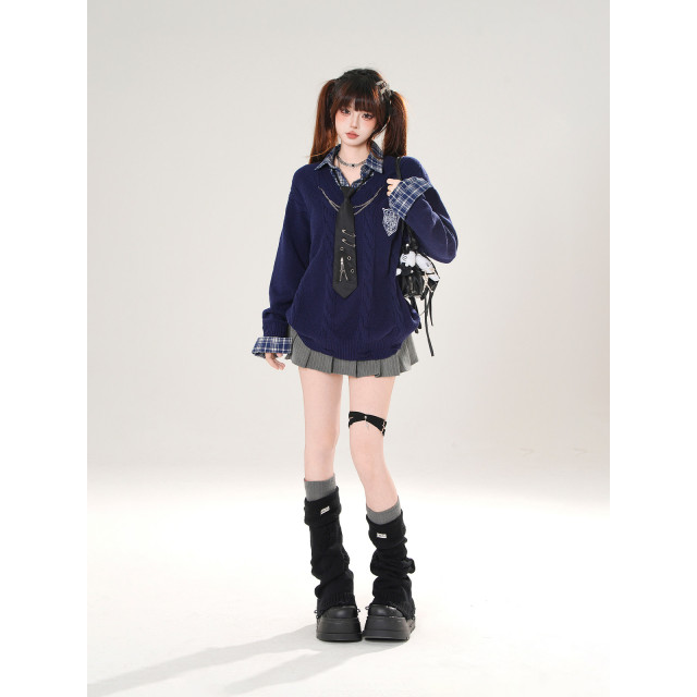 普卡裡島假兩件美式學院風針織毛衣女秋寬松顯瘦上衣