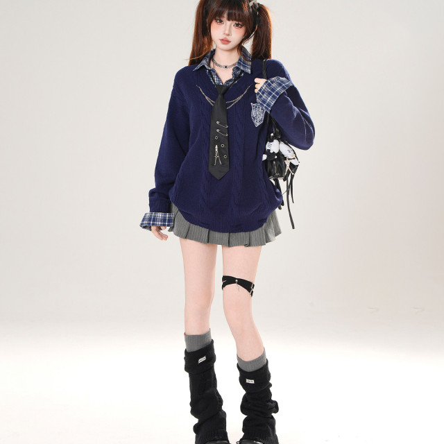 普卡裡島假兩件美式學院風針織毛衣女秋寬松顯瘦上衣