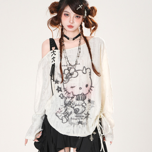  Kitty收藏傢 韓系斜肩抽繩防曬罩衫女夏寬松顯瘦上衣