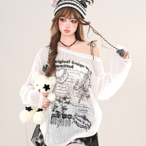 首爾邂逅 美式慵懶微透斜肩T恤女春夏寬松顯瘦露肩上衣