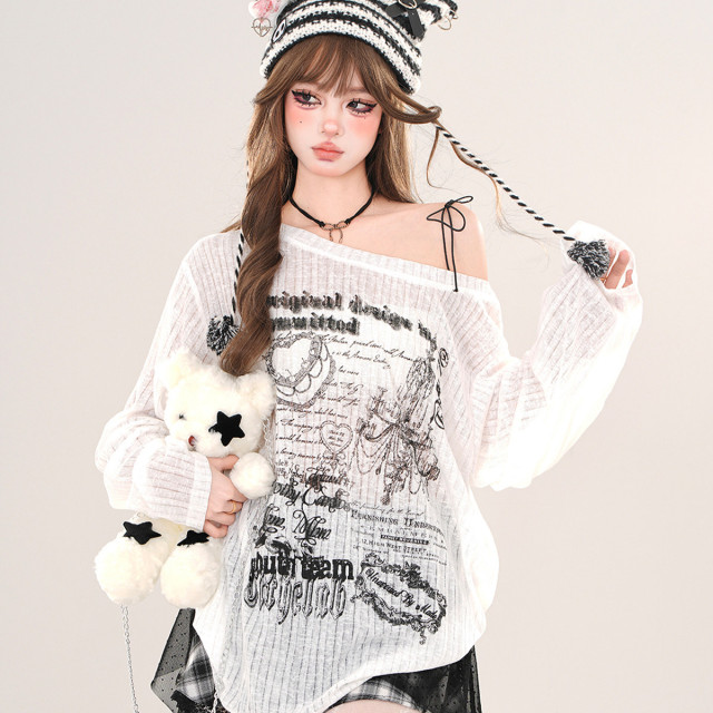 首爾邂逅 美式慵懶微透斜肩T恤女春夏寬松顯瘦露肩上衣