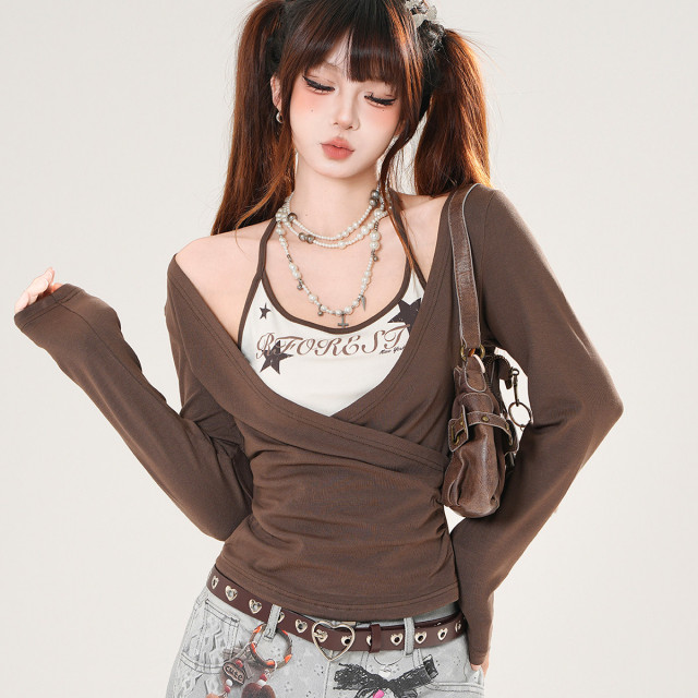 羅曼史詩集 假兩件美式長袖掛脖T恤女秋季顯瘦辣妹上衣