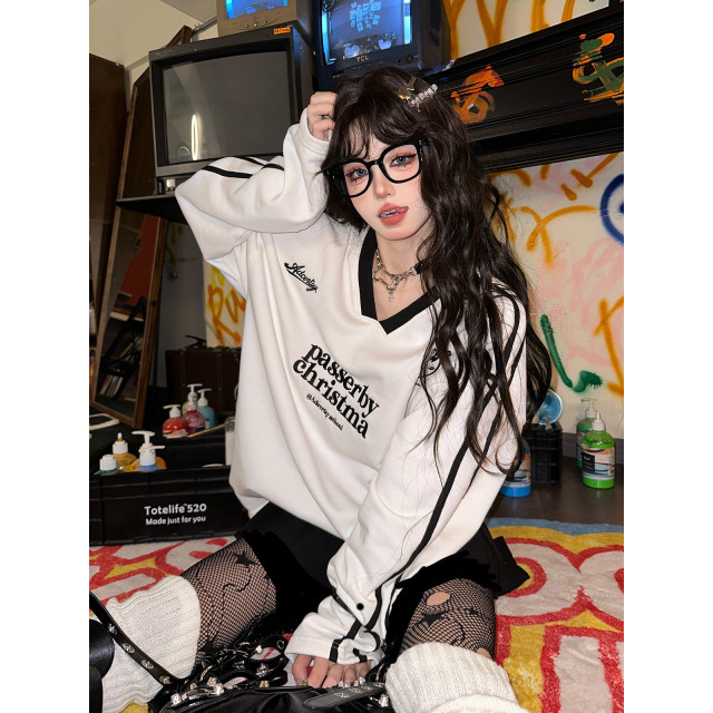 辣妹委員 黑白v領學院風小眾衛衣寬松美式長袖t恤上衣