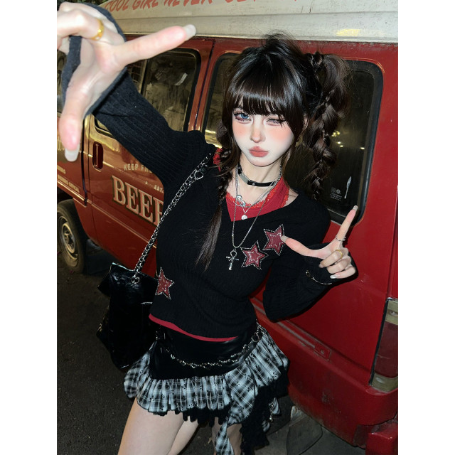 第九街區 不規則荷葉邊半身裙女秋冬格紋皮裙拼接短裙