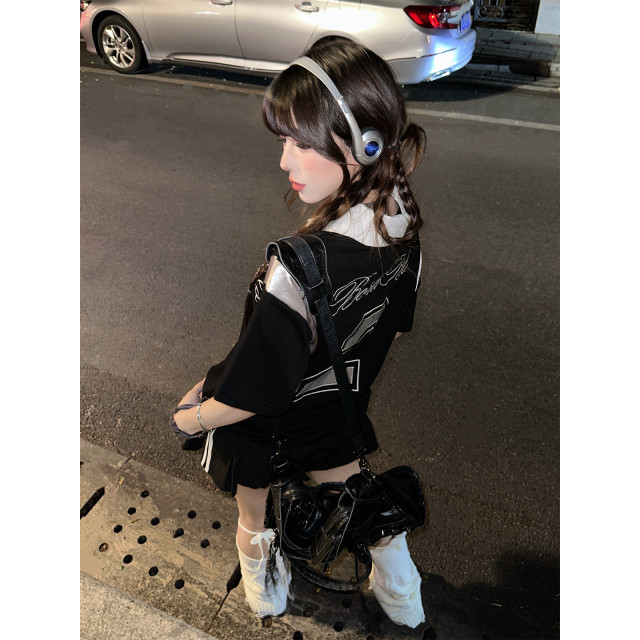 藤校優等生  美式短袖運動T恤女夏季寬松顯瘦黑色上衣