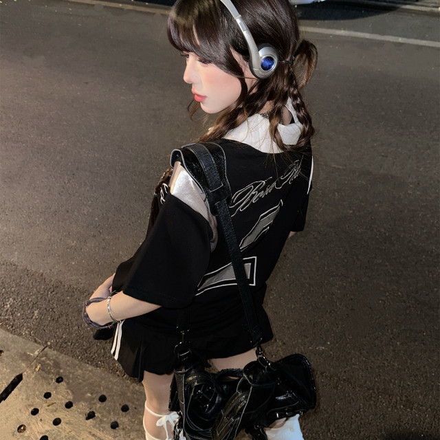 藤校優等生  美式短袖運動T恤女夏季寬松顯瘦黑色上衣