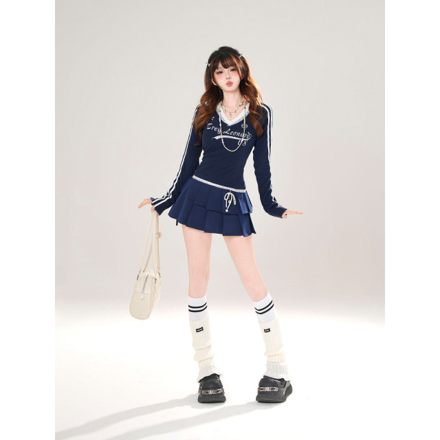 昭和千奈 美式長袖V領蕾絲T恤女秋季收腰顯瘦針織上衣