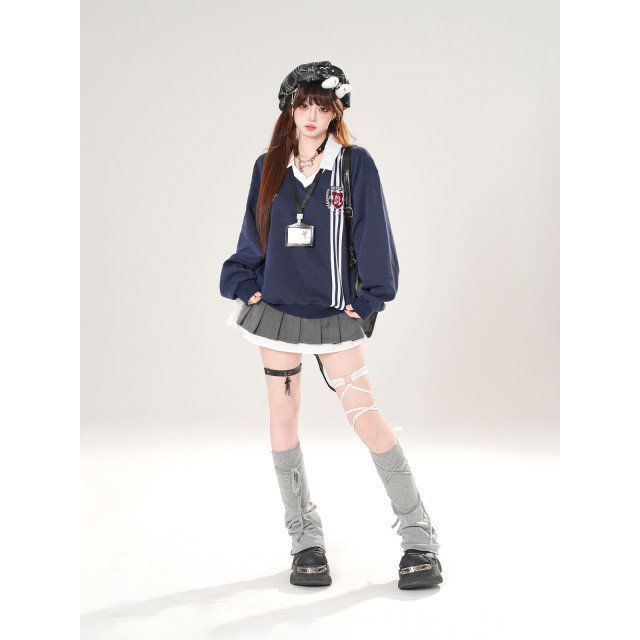 韓女范本 美式學院風衛衣女秋寬松顯瘦polo領運動上衣