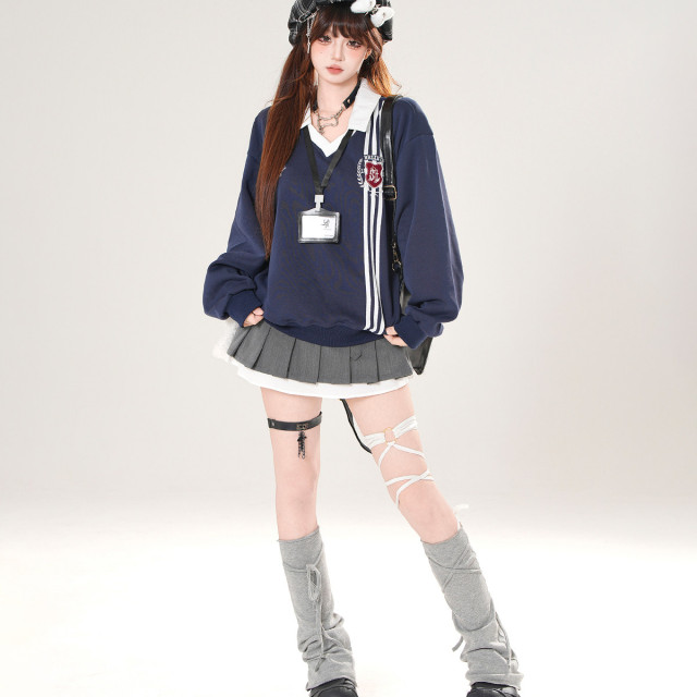 韓女范本 美式學院風衛衣女秋寬松顯瘦polo領運動上衣