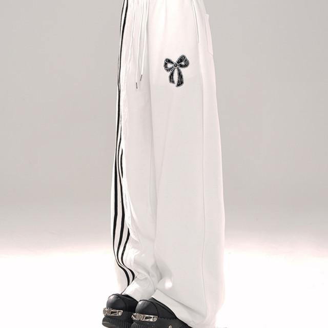 運動芭蕾 松弛感蕾絲黑色休閑褲女夏闊腿褲直筒條紋褲