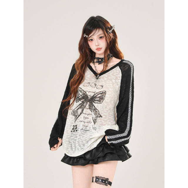 蝴蝶結歐尼 美式蕾絲薄款針織T恤女秋寬松顯瘦V領上衣