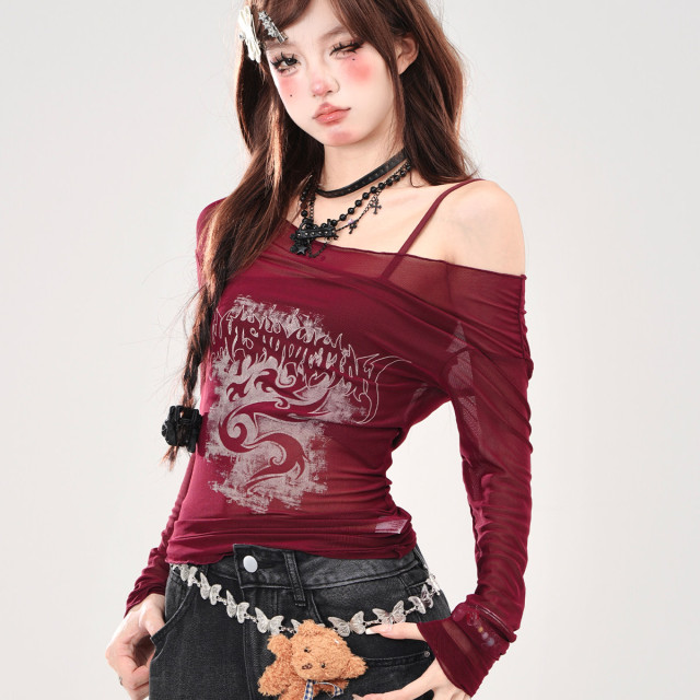 叛逆戀人 黑色冰絲輕薄罩衫女夏一字肩上衣防曬兩件套