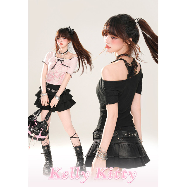 黑貓教主 正肩短袖黑色辣妹T恤女夏季修身短款顯瘦上衣