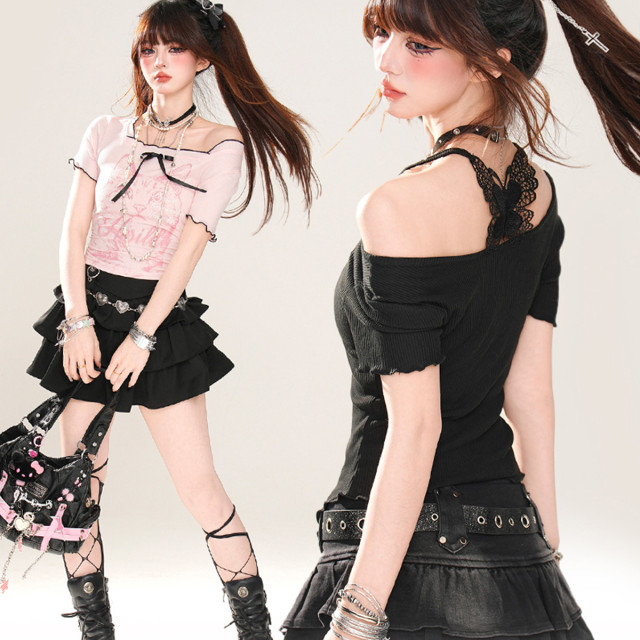 黑貓教主 正肩短袖黑色辣妹T恤女夏季修身短款顯瘦上衣