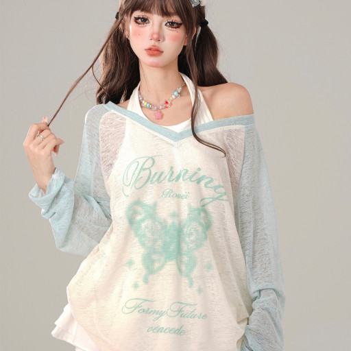 碧波蕩漾 薄荷綠T恤女外穿夏季寬松上衣防曬罩衫兩件套