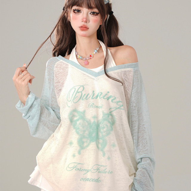 碧波蕩漾 薄荷綠T恤女外穿夏季寬松上衣防曬罩衫兩件套