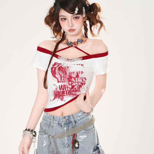 熱浪霓虹 美式短袖蕾絲掛脖T恤女夏季辣妹顯瘦短款上衣