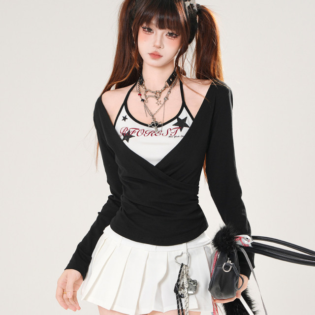 羅曼史詩集 假兩件美式長袖掛脖T恤女秋季顯瘦辣妹上衣