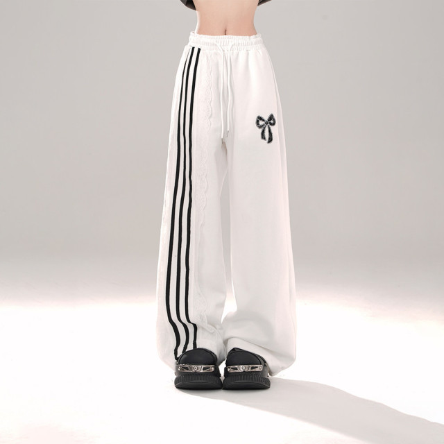 運動芭蕾 松弛感蕾絲黑色休閑褲女夏闊腿褲直筒條紋褲