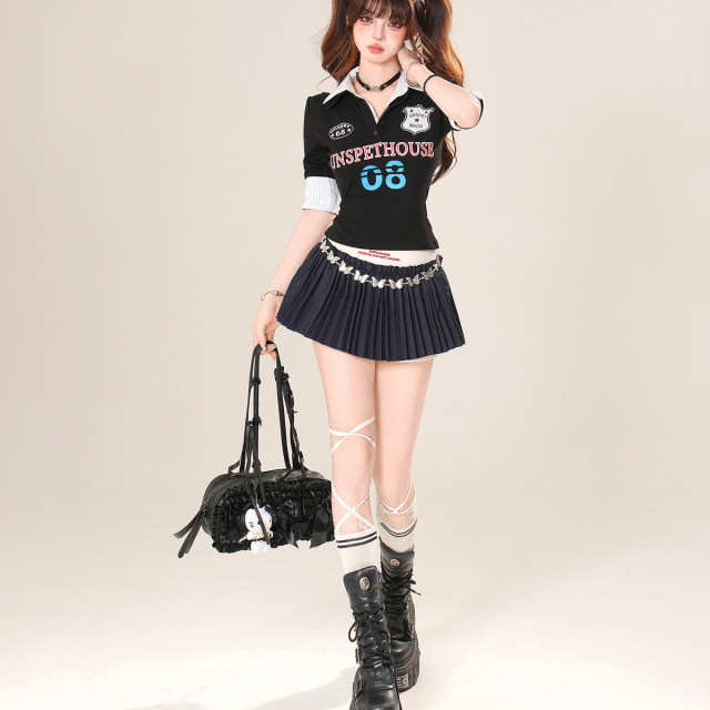 古早美高 正肩短袖美式辣妹T恤女夏季假兩件polo衫上衣