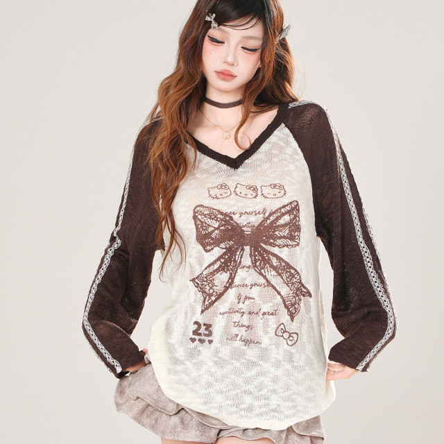 蝴蝶結歐尼 美式蕾絲薄款針織T恤女秋寬松顯瘦V領上衣