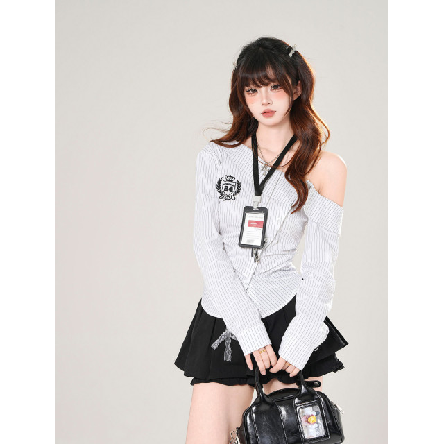  Miu系學姐 美式長袖斜肩條紋襯衫女秋季收腰顯瘦上衣