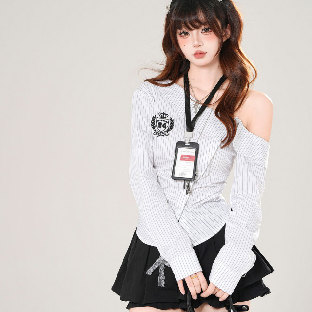  Miu系學姐 美式長袖斜肩條紋襯衫女秋季收腰顯瘦上衣