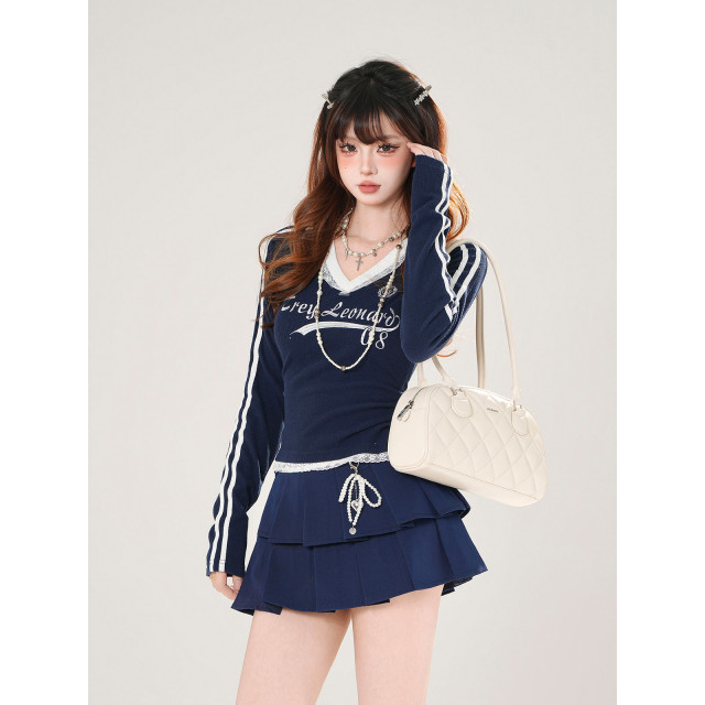 昭和千奈 美式長袖V領蕾絲T恤女秋季收腰顯瘦針織上衣