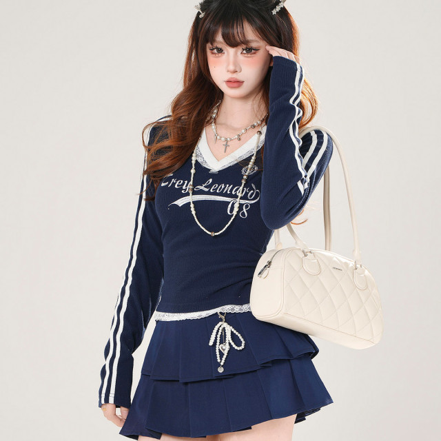 昭和千奈 美式長袖V領蕾絲T恤女秋季收腰顯瘦針織上衣