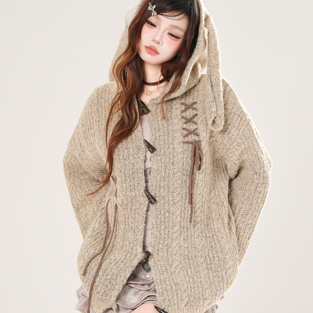 流浪小兔 韓系慵懶風連帽針織毛衣女秋季寬松顯瘦上衣