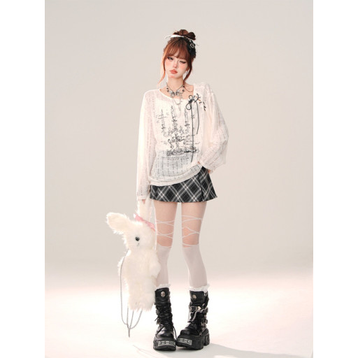 銀色山泉 薄款鏤空罩衫女夏季寬松長袖防曬衣白色上衣