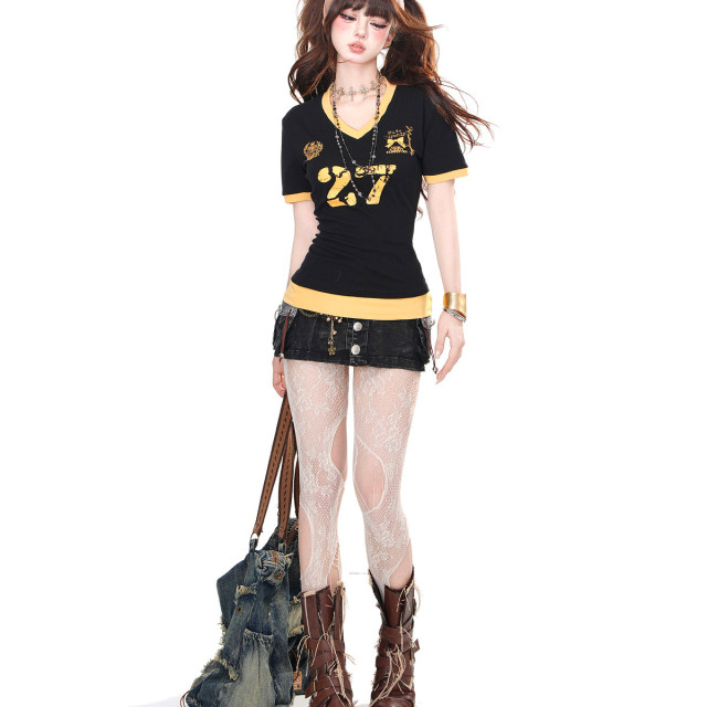 失控旋律 美式辣妹短袖T恤女夏季修身顯瘦正肩V領上衣