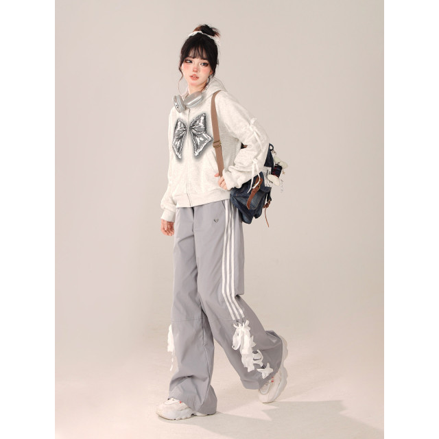 心動蕾絲 灰色百搭設計感學院風休閑直筒拖地運動長褲