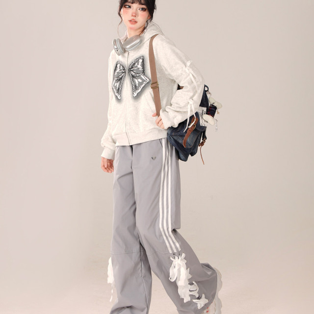 心動蕾絲 灰色百搭設計感學院風休閑直筒拖地運動長褲