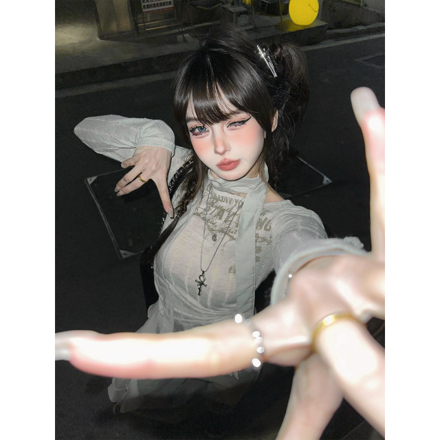 茶系甜心 美式鏤空針織T恤女春夏長袖顯瘦收腰辣妹上衣