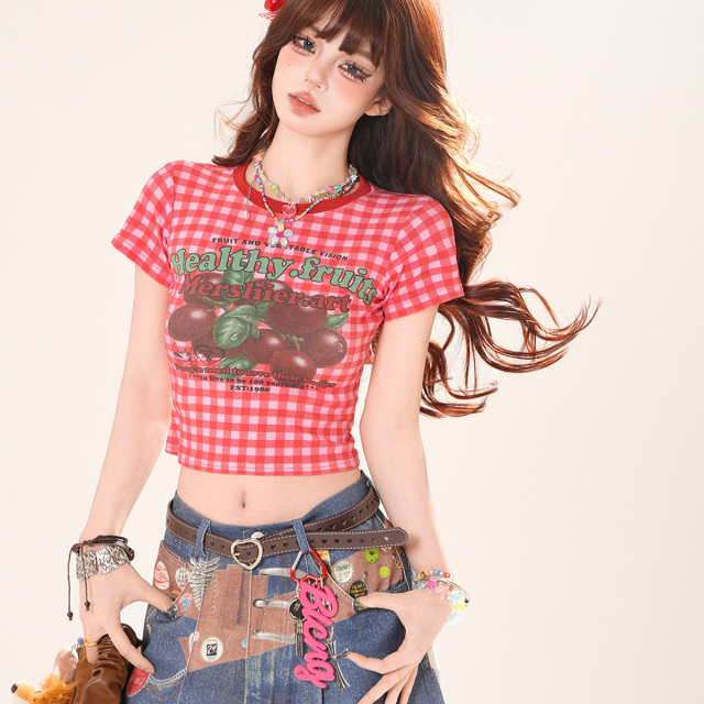 夏日甜酒 正肩短袖格子T恤女夏修身顯瘦辣妹短款上衣
